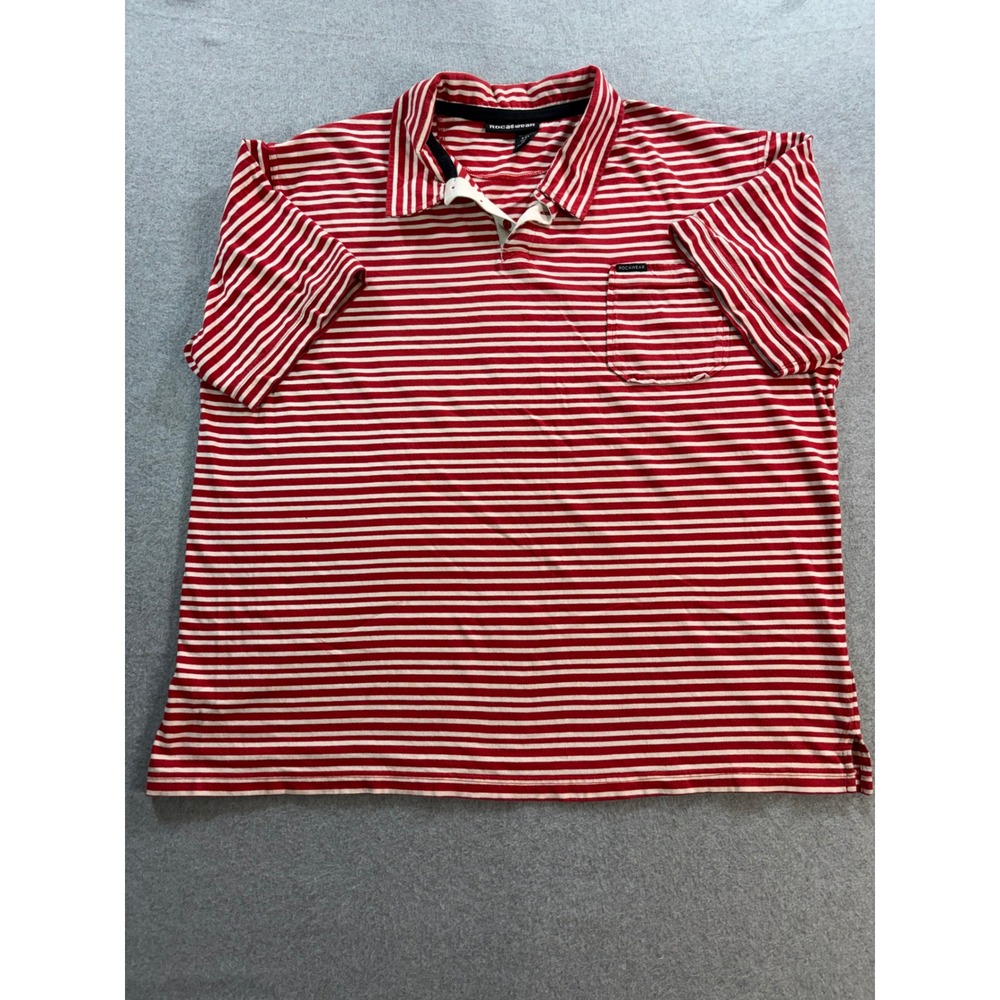 Rocawear Mens XXL Red White Striped Short‎ Sleeve Cotton Pocket Polo Shirt